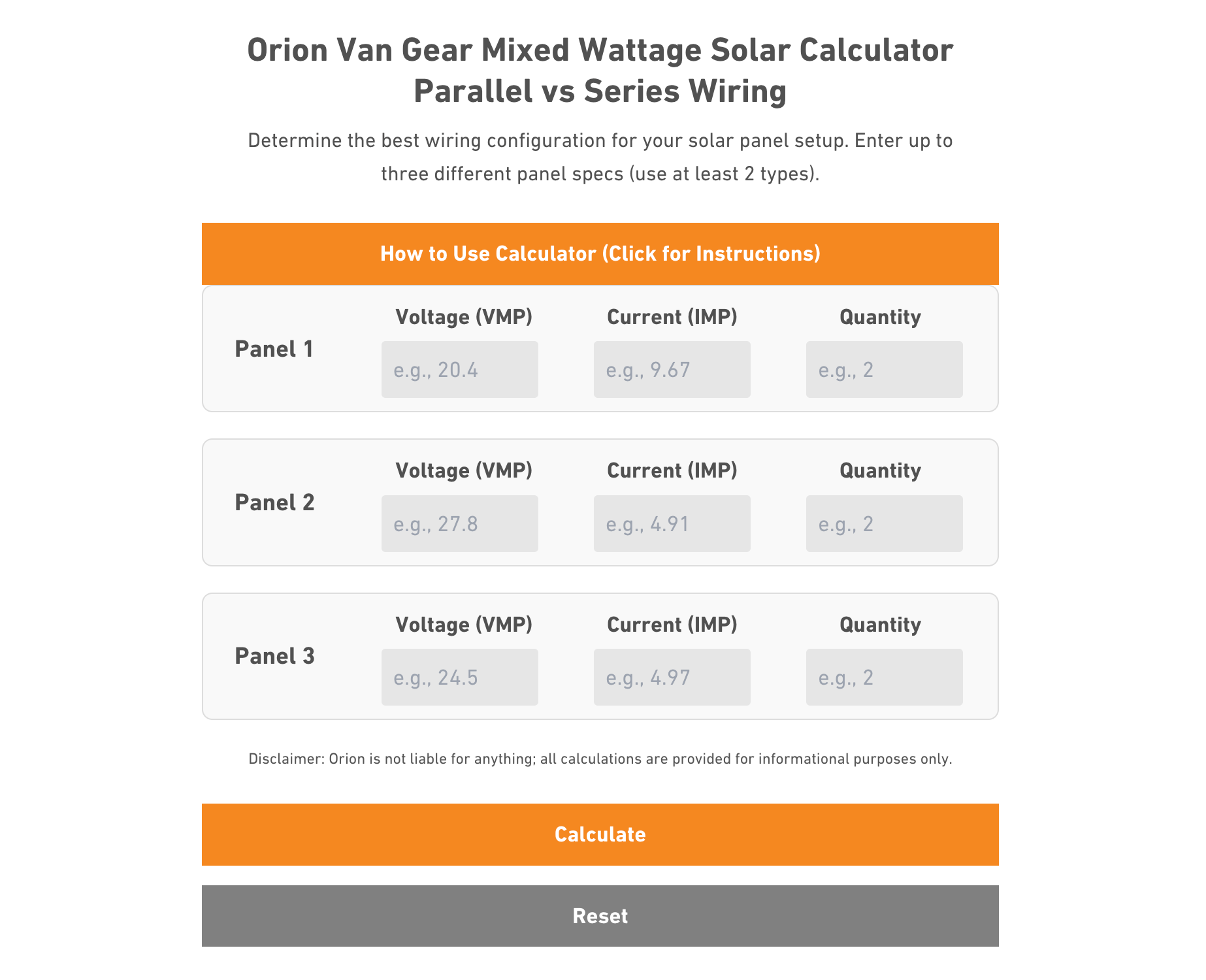 Orion van gear solar calculator