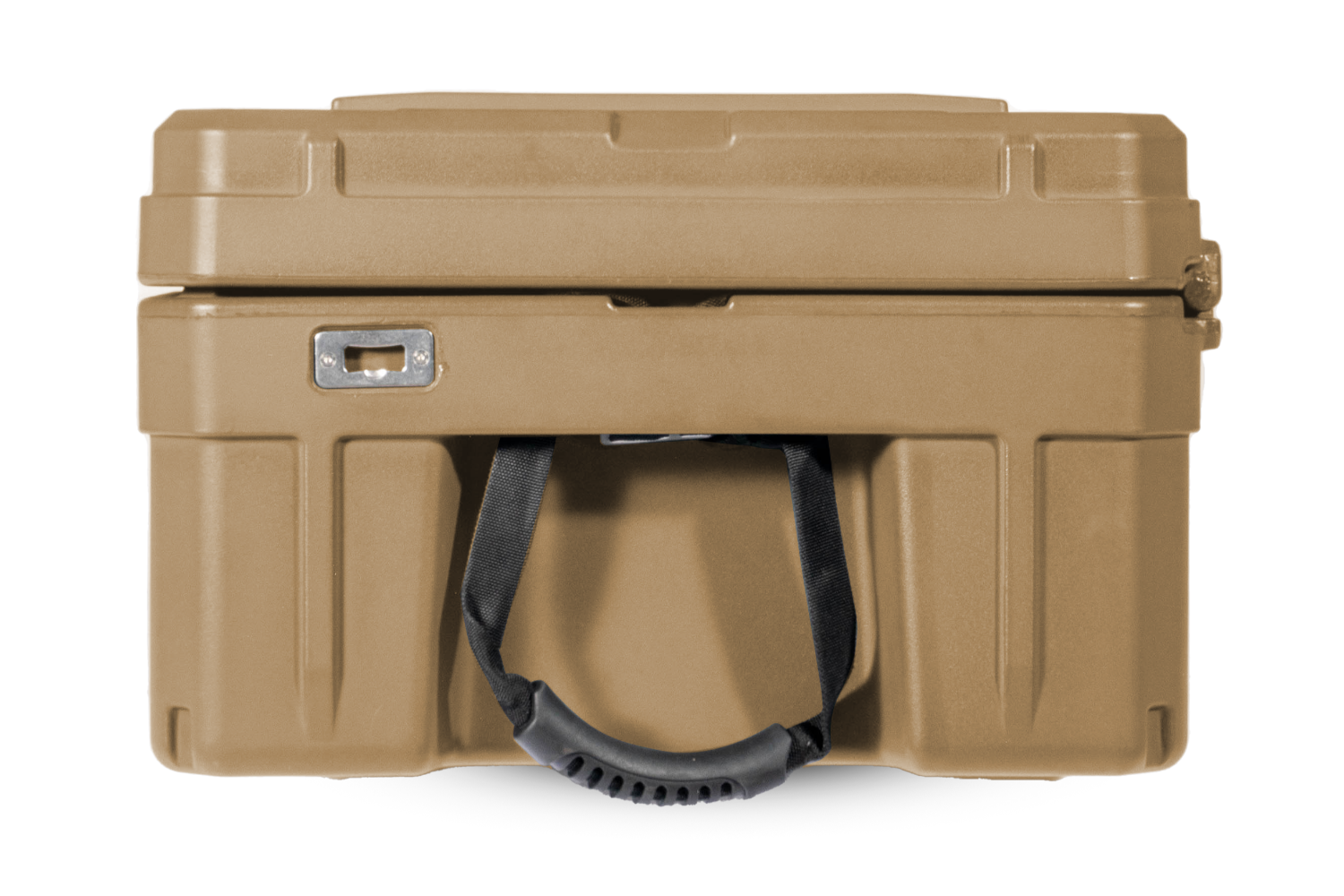 Side profile of the ROAM 128L Rolling Rugged Case with sturdy handles and bottle opener