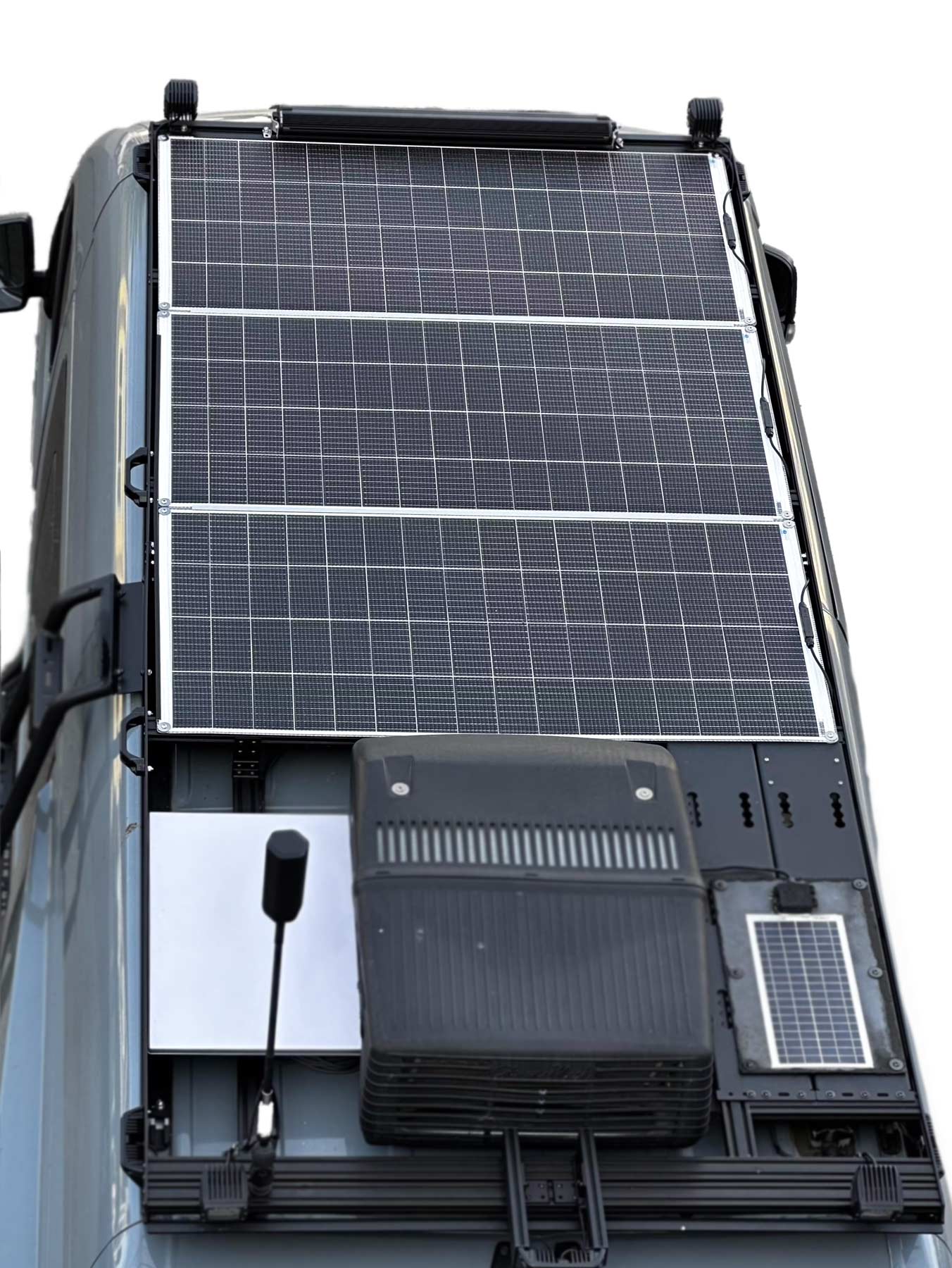 three 175 watt walkable solar panels with 2 H channel rails between them in preferred mounting setup