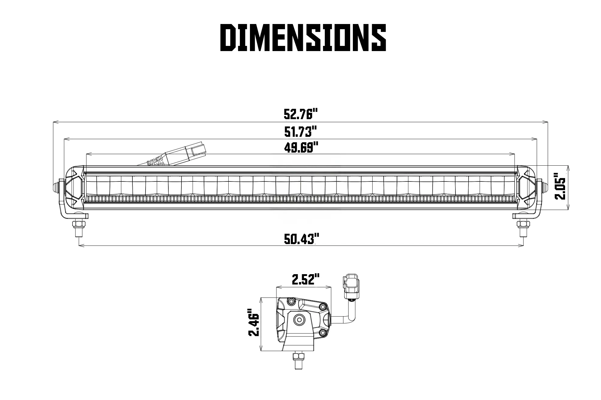 Technical drawing of the LED light bar with labeled dimensions A through H in inches for installation reference.