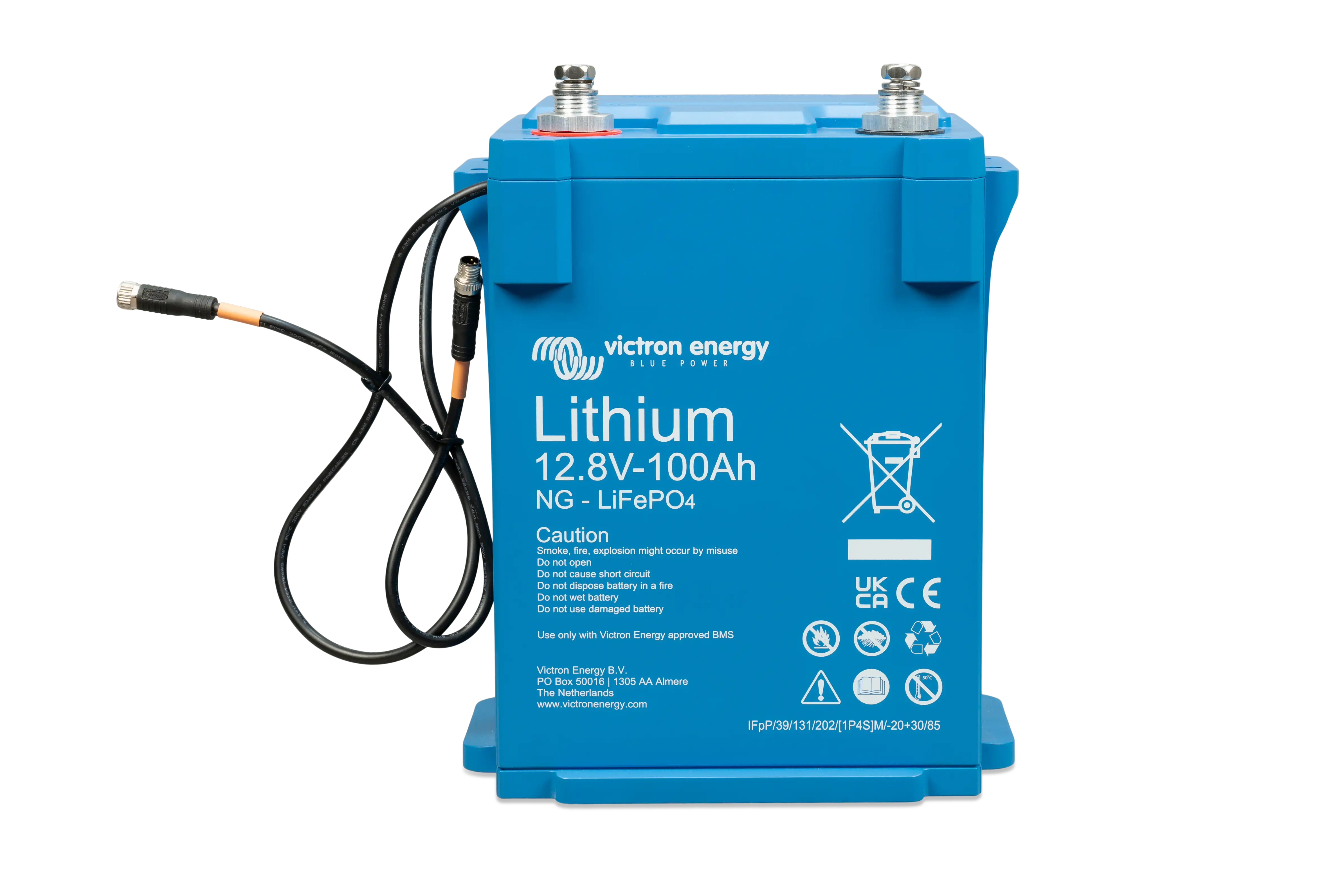 Victron Lithium NG LiFePO4 Battery 12.8V 100Ah – front angle view with compact IP65 housing and smart monitoring terminals