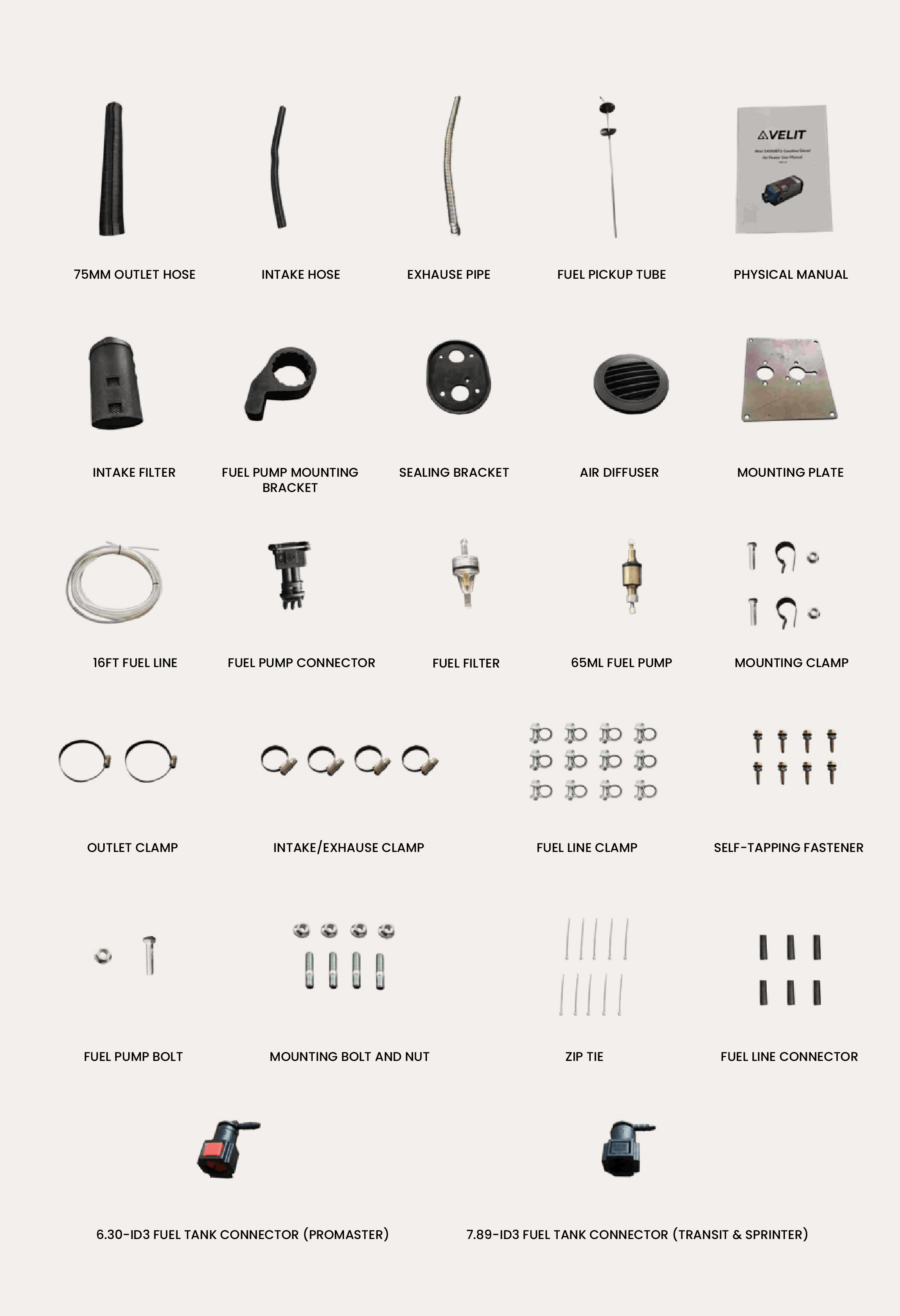 A parts list for VELIT heater