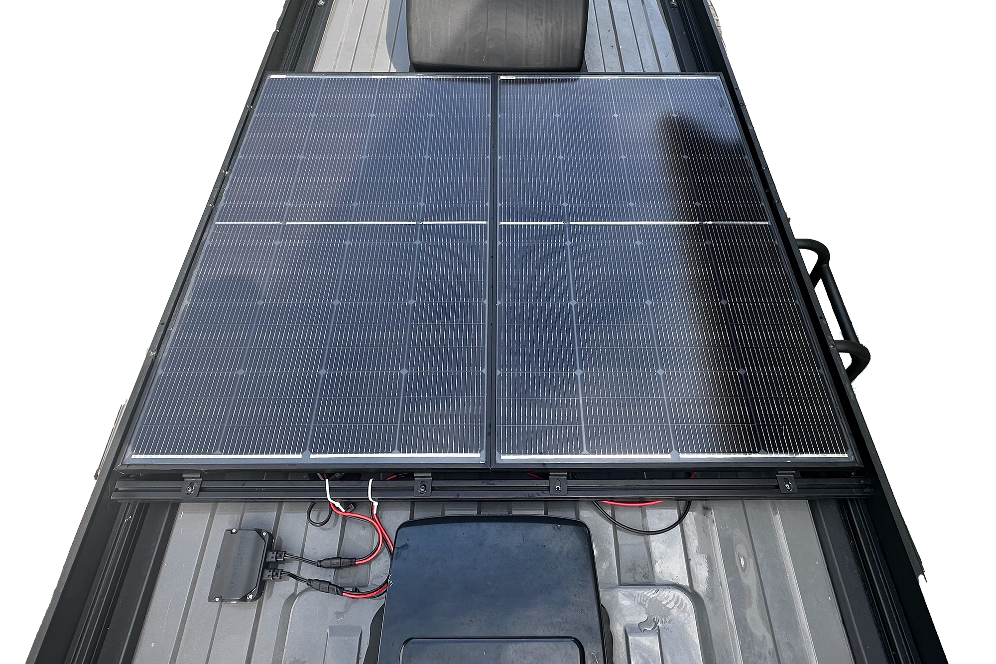 Solis Pocket 400w Solar Panel Upgrade Kit installed on orion roof rack, utilizing factory roof entry gland,  seamless integration
