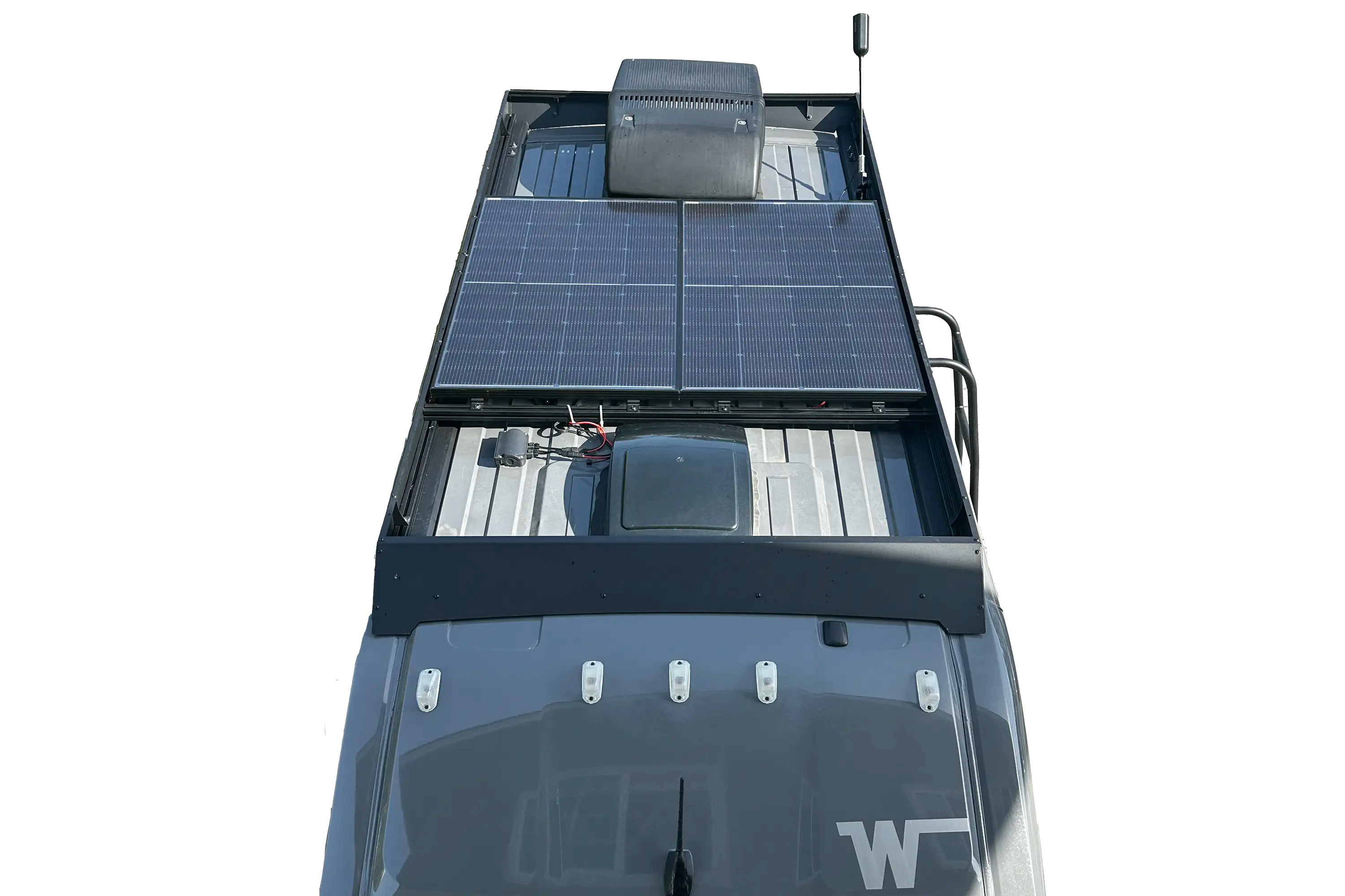 Solis Pocket Solar Panel Upgrade Kit installed, utilizing factory roof entry gland, with original panel connected and all wires and adaptors included for seamless integration