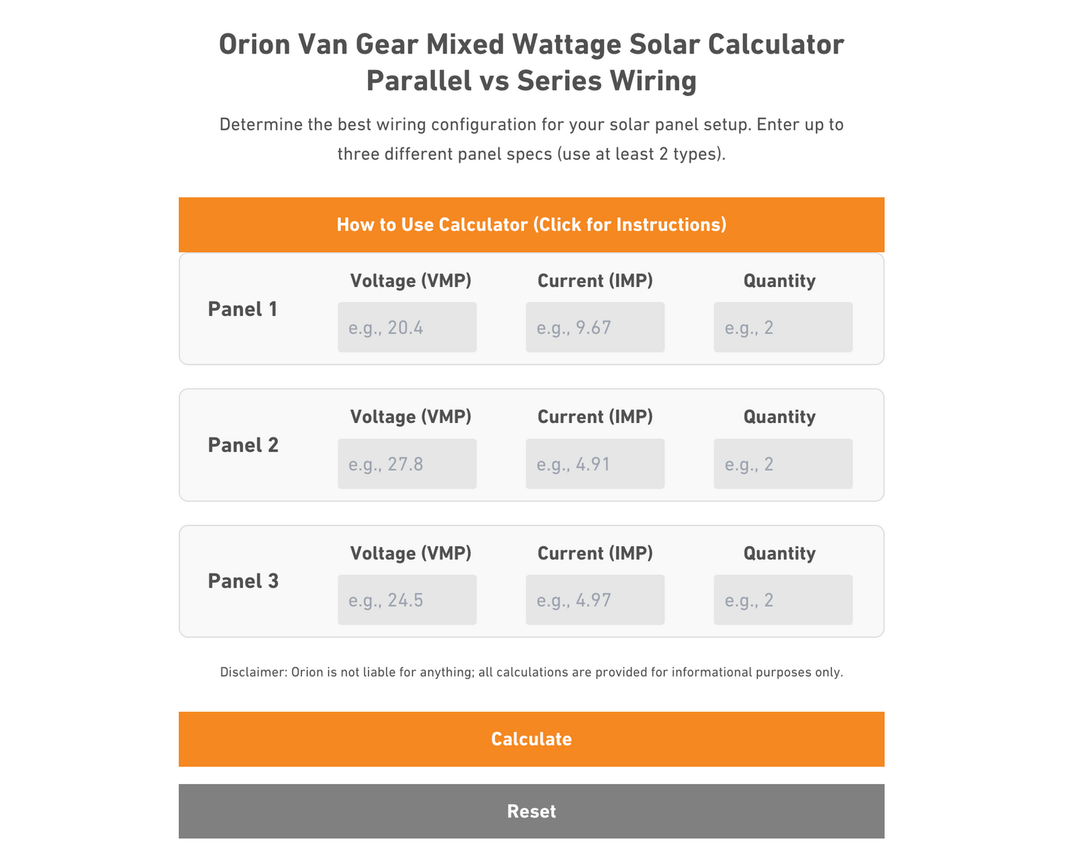 Orion van gear solar calculator