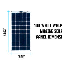 A 100-watt walkable marine solar panel with black cells and a blue frame, displaying its dimensions.