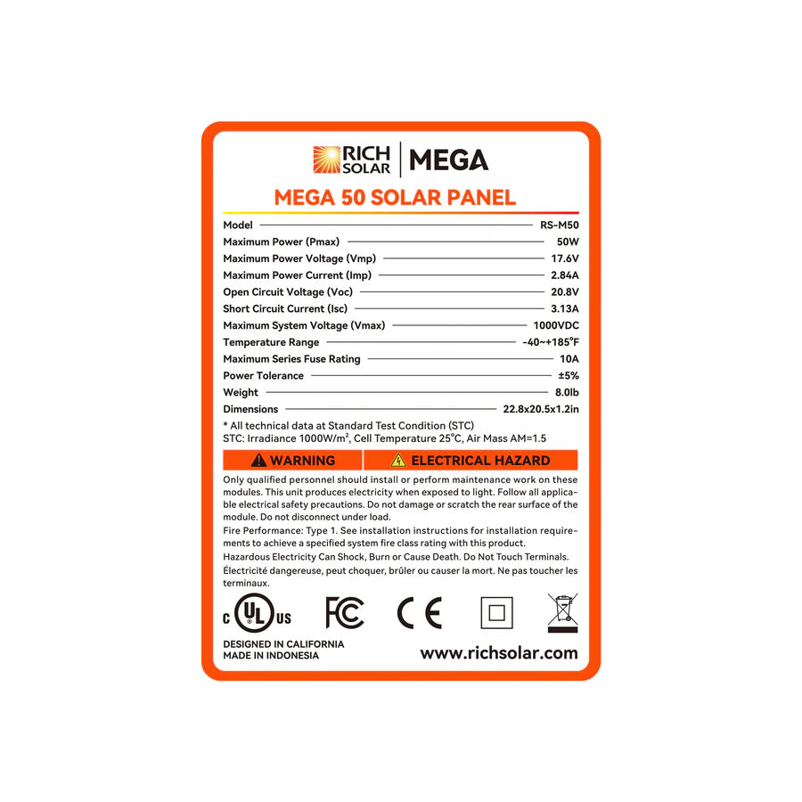 Rich Solar MEGA 50 solar panel label with specifications and branding.