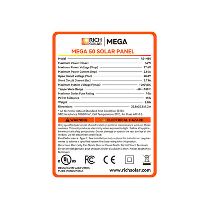 Rich Solar MEGA 50 solar panel label with specifications and branding.