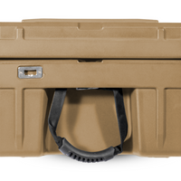 Side profile of the ROAM 128L Rolling Rugged Case with sturdy handles and bottle opener 

