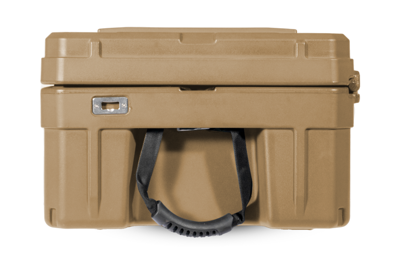 Side profile of the ROAM 128L Rolling Rugged Case with sturdy handles and bottle opener 
