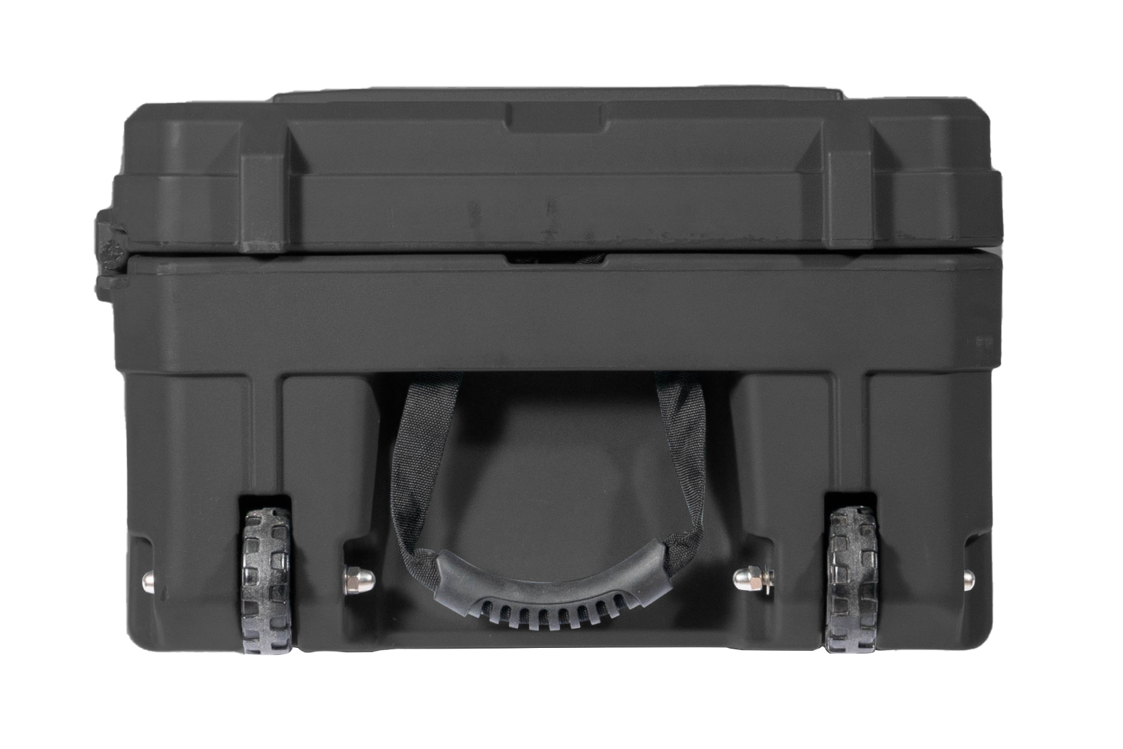 Side profile of the ROAM 128L Rolling Rugged Case with sturdy handles and all-terrain wheels