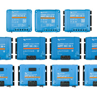 twelve victron mppt solar charge controllers on a white background