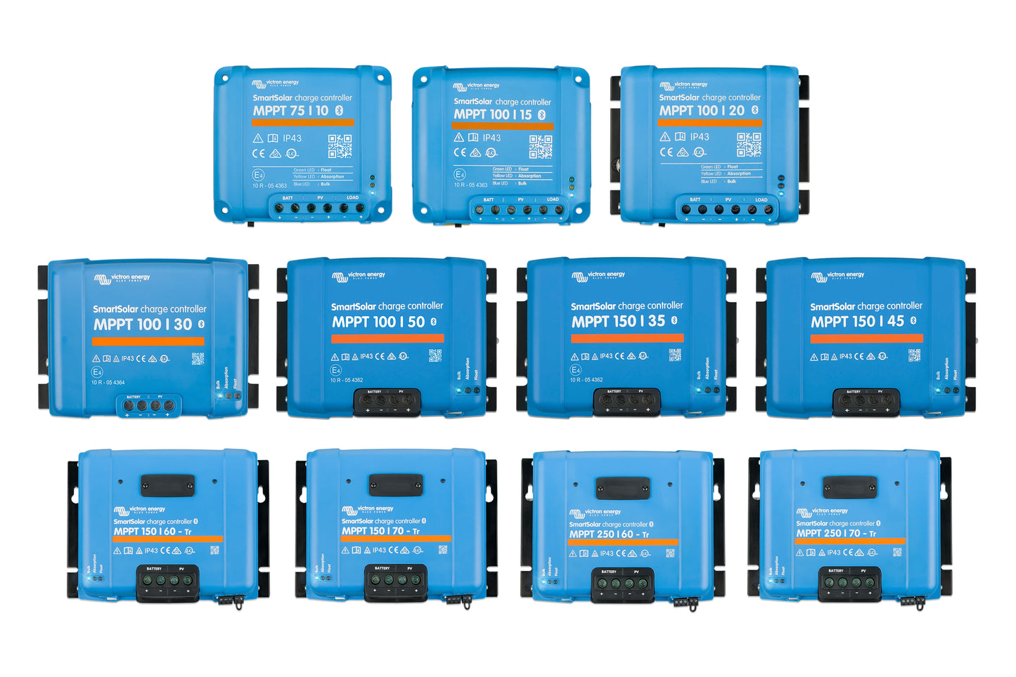 twelve victron mppt solar charge controllers on a white background
