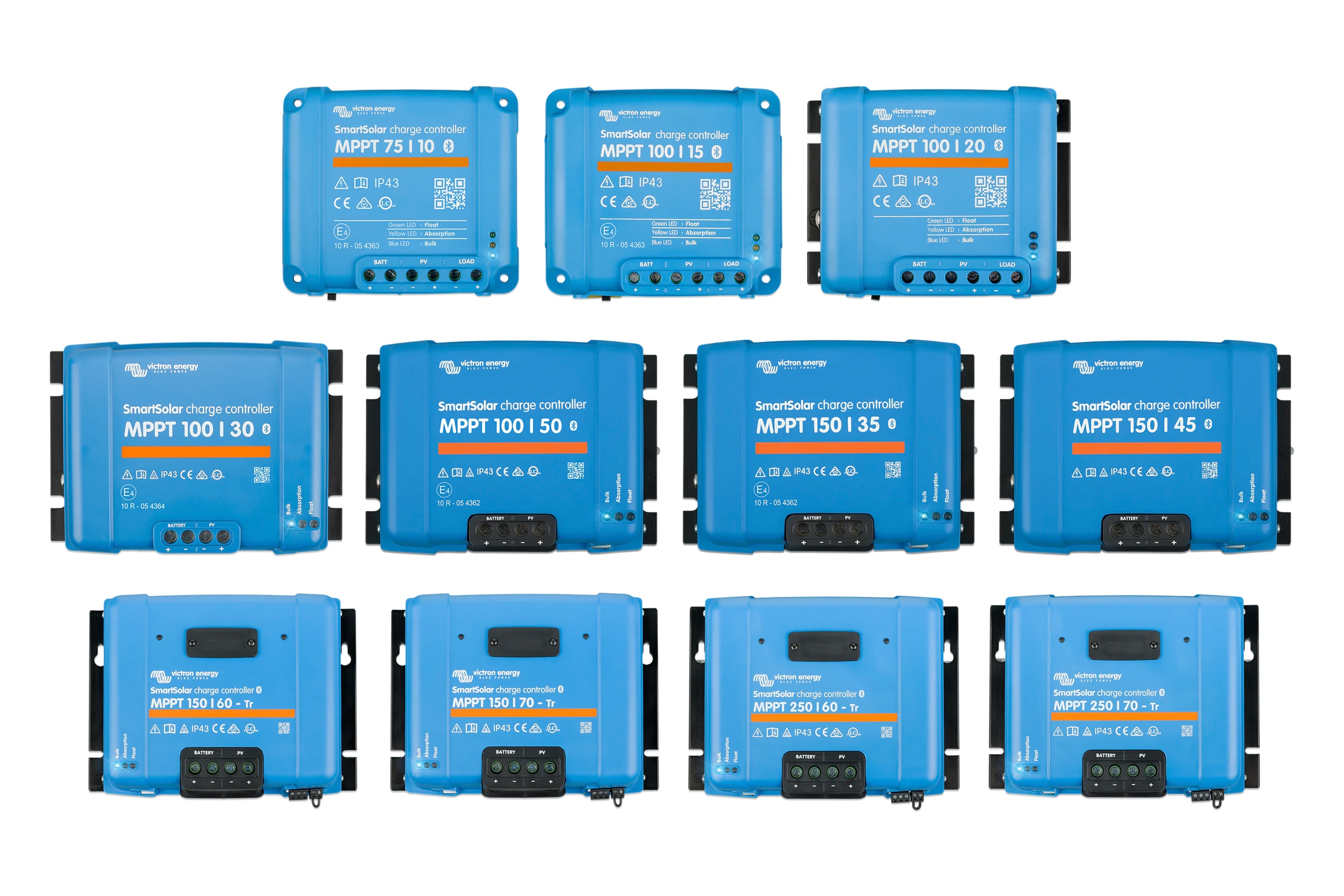 twelve victron mppt solar charge controllers on a white background
