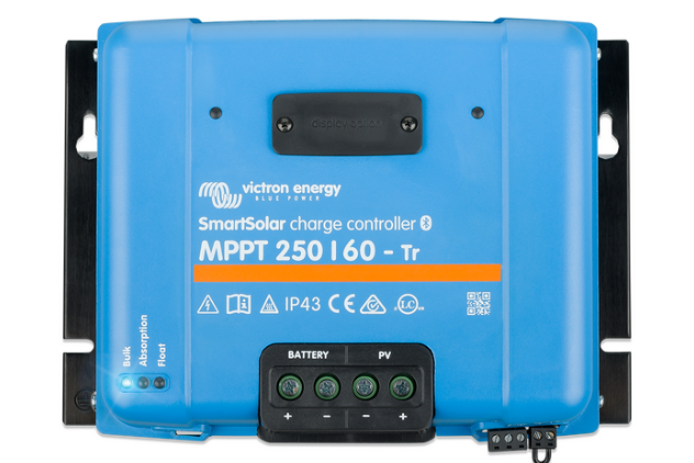 Blue Victron Energy SmartSolar charge controller on a white background