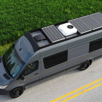170 EXT Sprinter Van with Orion Roof Rack and 700 watts of solar panels flush mounted with Orion solar brackets