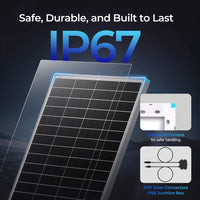 Solar panel with IP67 rating text and icons on a dark background