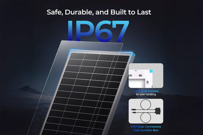 Solar panel with IP67 rating text and icons on a dark background