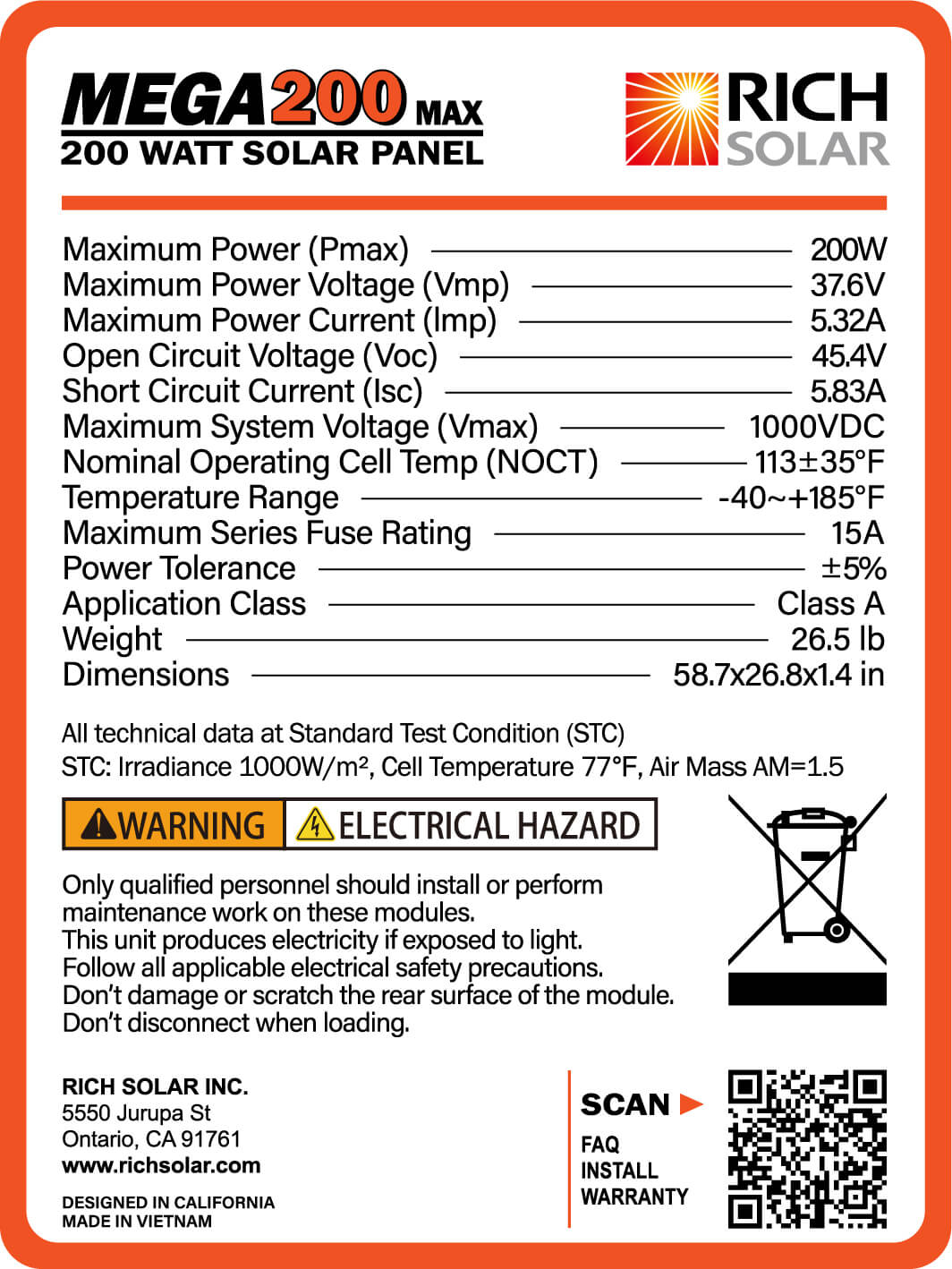 Rich MEGA 200 Watt 24v Solar Panel  | 25-Year Output Warranty | UL Certified