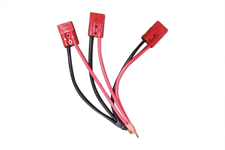 Three  to one anderson connector with red and black cables on a white background