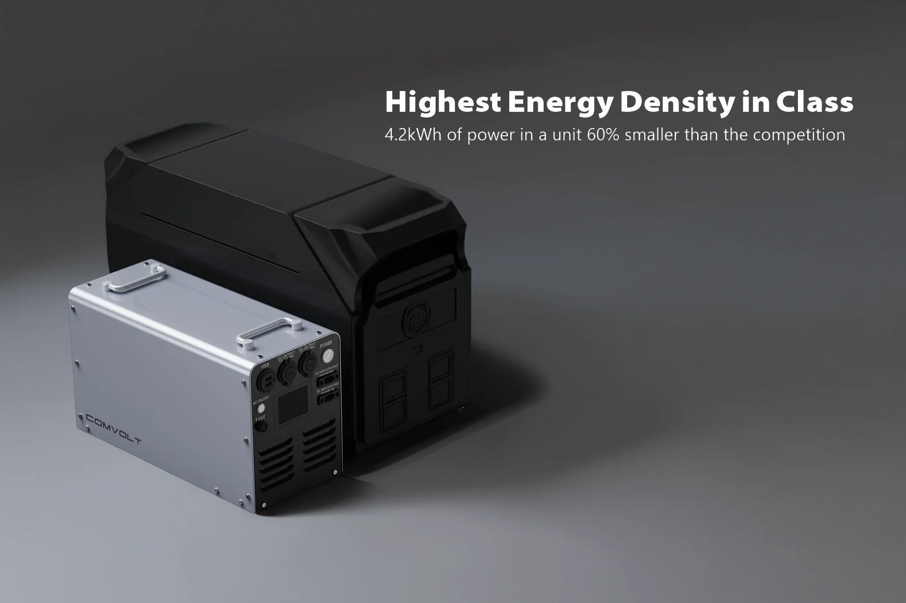 Two battery packs with text highlighting energy density on a gray background