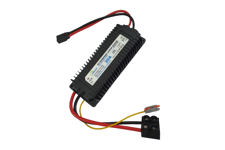 Black dc to dc module with red and yellow wires on a white background