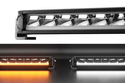 LED light bar shown off, illuminated in white, and illuminated in amber in one image for comparison.
