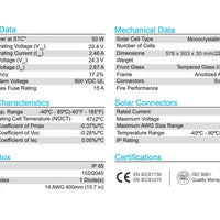 Technical specification sheet for a 50W monocrystalline solar panel, displaying electrical, mechanical, thermal, junction box, and certification data in a clean, two-column table format.