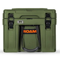Front view of the Roam 86L Case in black with latches and handles - green