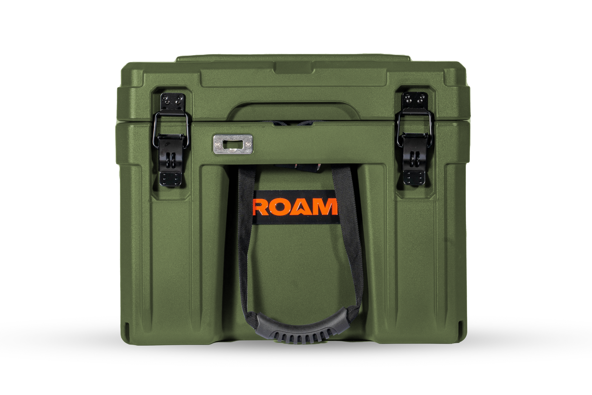 Front view of the Roam 86L Case in black with latches and handles - green