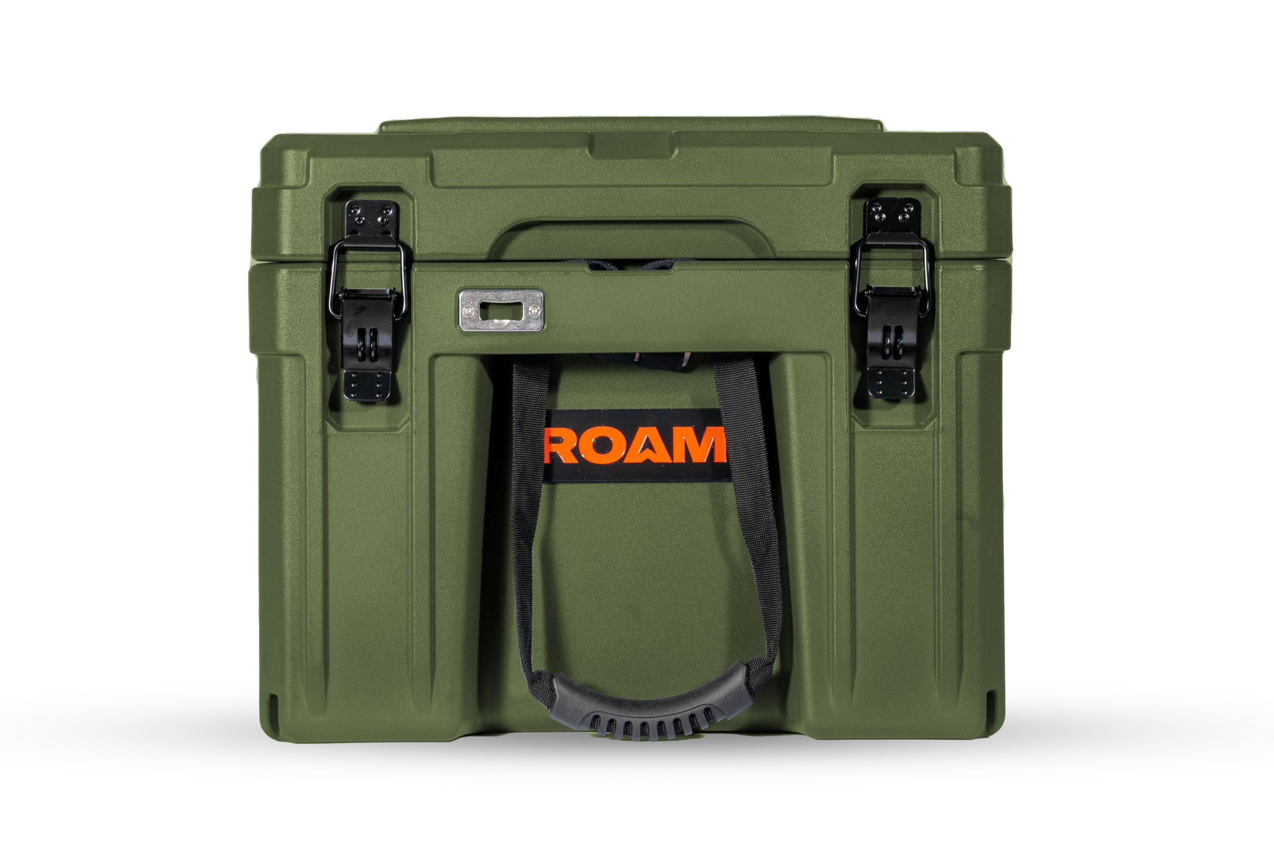 Front view of the Roam 86L Case in black with latches and handles - green