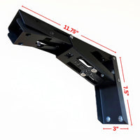 Black metal folding van bracket with dimensions marked on a white background