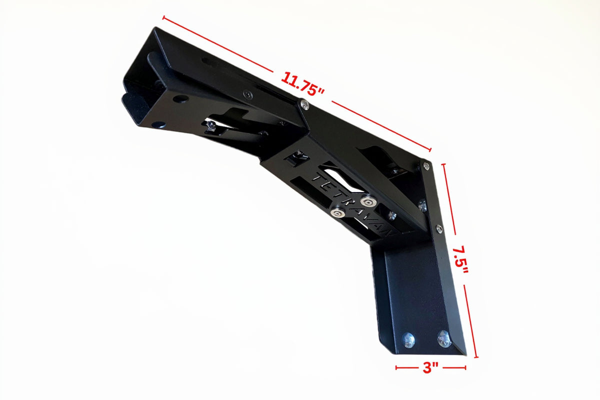 Black metal folding van bracket with dimensions marked on a white background