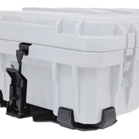A white rugged case featuring a black lockable quick release mount at the bottom.