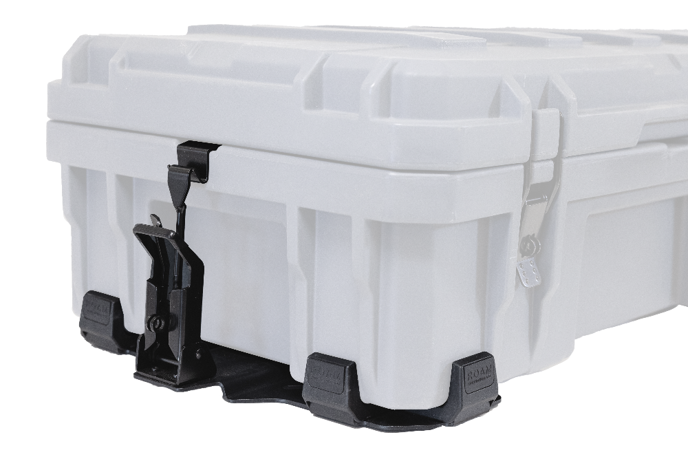 A white rugged case featuring a black lockable quick release mount at the bottom.