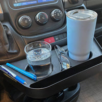 CHA Promaster cup holder tray with drinks and accessories inside a vehicle.