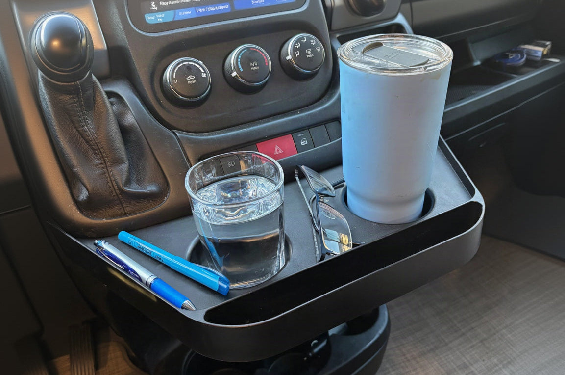 CHA Promaster cup holder tray with drinks and accessories inside a vehicle.