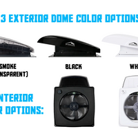 Three roof-mounted airplus fans with color options displayed on a white background. showing dome colors and shroud colors