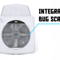 White nomadicark fan and 'Integrated Bug Screen' text on a white background