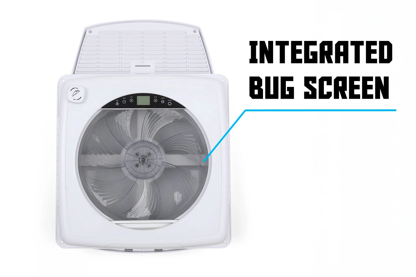 White nomadicark fan and 'Integrated Bug Screen' text on a white background
