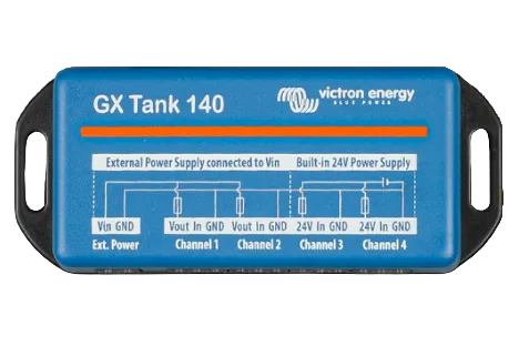 Victron Energy GX Tank 140 power supply unit with wiring diagram on a blue background