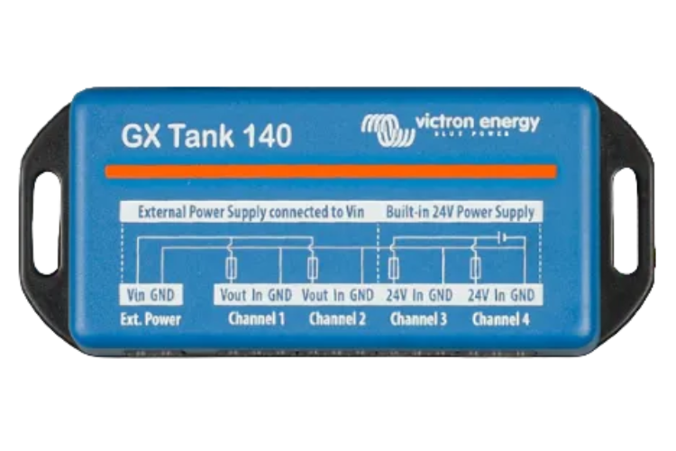 Victron Energy GX Tank 140 power supply unit with wiring diagram on a blue background