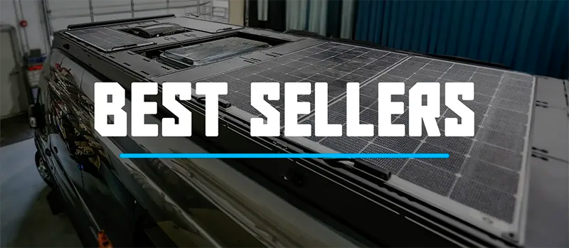 Solar panels on transit rack with 'BEST SELLERS' text in a warehouse setting