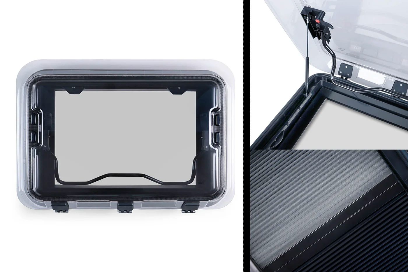Black Interior NomadicArk 700 x 500mm van and RV skylight roof hatch shown closed, blackout shade and screen, and hinge and latch
