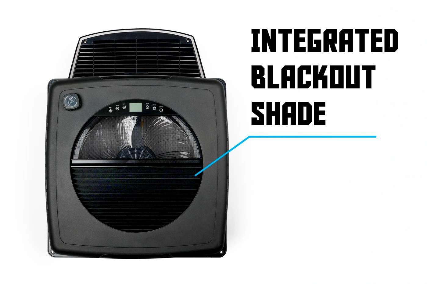 Airplus fan 12v with integrated blackout shade feature on a white background