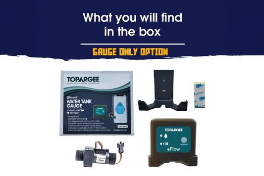 Topargee water tank gauge packaging and components on a white background with text about the 'Gauge Only Option'.