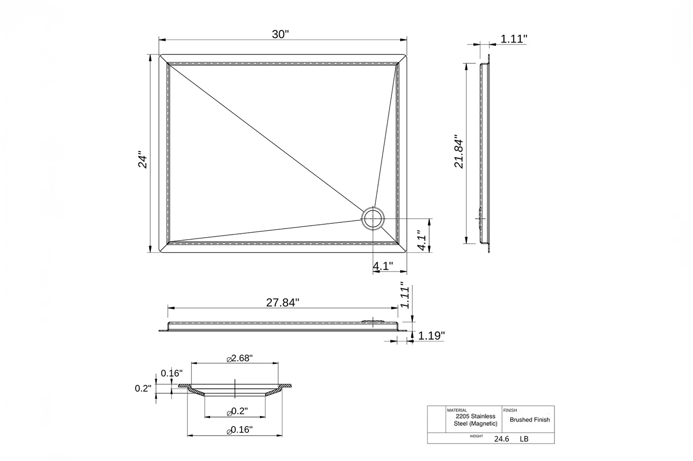 Tetravan corner drain shower pan specs