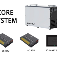 COMVOLT core system components including DC PDU, AC PDU, and 7-inch smart display on a white background.