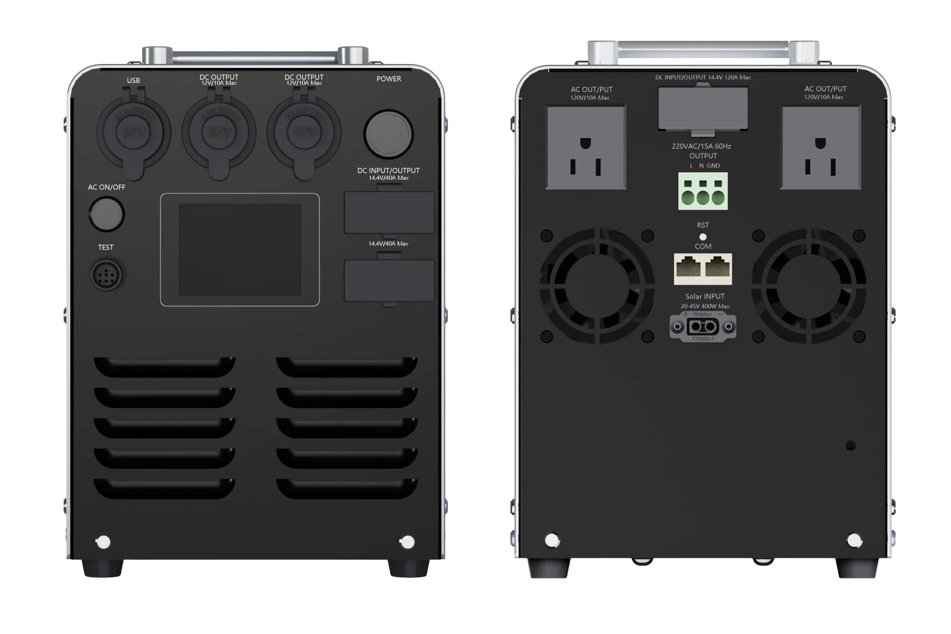 Black power station with front and back views on a white background