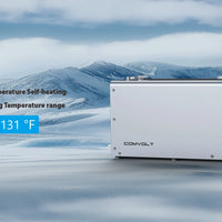 Comvolt device with temperature range label in a snowy mountain landscape